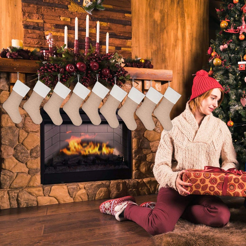 Sunshane Burlap Christmas Stockings Xmas Fireplace Hanging Stockings Decoration Stockings for Christmas Decoration DIY Craft (Flaxen, 9) - Image 3